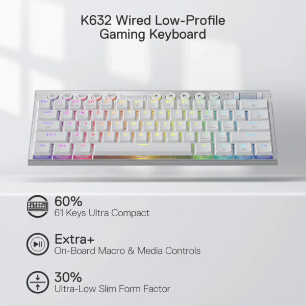 Gaming πληκτρολόγιο - Redragon HORUS MINI K632W-RGB PRO (White) - Image 3
